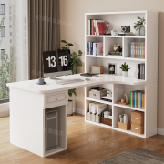 实木转角电脑桌台式书柜书桌书架，一体现代简约学生家用卧室学