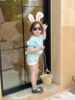 2023夏季女童韩版镂空可爱翻领上衣娃娃衫兔尾巴短裤两件套装