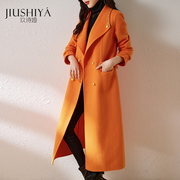 玖诗娅橘色冬高端羊毛大衣女，中长款橙色名媛，显瘦双面羊毛呢子外套