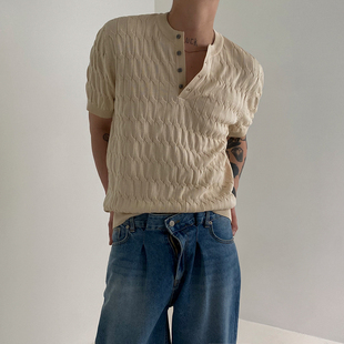 mrcyc亨利领针织衫t恤男士，短袖夏季薄款麻花设计韩版潮流宽松半袖