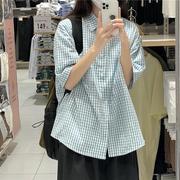 日系格子短袖衬衫女设计感小众夏季薄款韩版宽松学生休闲别致上衣