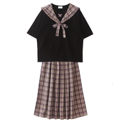 夏季法式少女学院风蝴蝶刺绣海军领上衣+中长款格子半身裙两件套