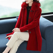 冬胖妹妹水貂绒女中长款双面羊绒，大衣大码红色，毛呢外套加厚200斤