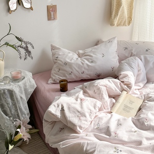 南法浪漫全棉床上四件套纯棉床单床笠4件套粉色条纹ins田园小碎花