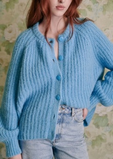 24年法式小众纯色慵懒风，针织长袖宽松蓝色开衫毛衣