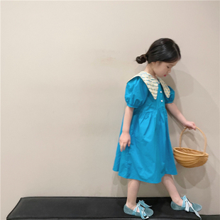 2023夏季女童大翻领，宝蓝色连衣裙洋气儿童时尚，公主裙气质长裙
