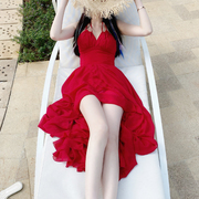 性感露背超仙雪纺沙滩裙，泰国海边度假拍照吊带裙，红色三亚连衣裙夏