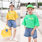 女童夏季纯棉字母短袖，t恤黄色绿色圆领，韩版中大童小学生上衣童装
