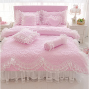 韩版简约欧式莫代尔四件套，全棉纯棉韩式床罩式粉色蕾丝床上用品