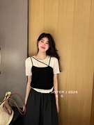 韩系设计感吊带短袖T恤两件套针织衫女夏季纯色甜美凉感冰丝上衣