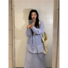 李雪怡Lxuey 韩系蓝色休闲套装女ins风小众条纹衬衫+半身裙两件套