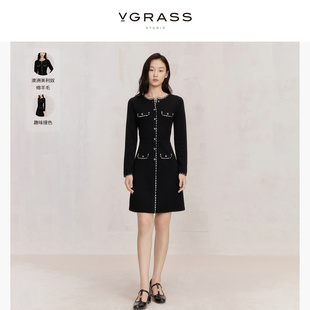 100绵羊毛VGRASS小香风黑白撞色边针织连衣裙23年冬季时尚