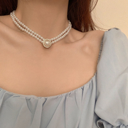 双层叠戴珍珠(戴珍珠)项链，颈链女轻奢小众，高级感锁骨链设计感2024
