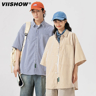VISHOW格子衬衣男士夏季冰丝短袖上衣日系复古宽松休闲半袖衬衫