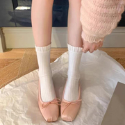 芭蕾风纯白色袜子女春夏季薄款抽条中筒袜日系jk百褶花边堆堆袜