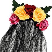 欧美万圣节派对仿真布艺，花朵蕾丝头纱黑色，玫瑰花朵头饰发箍