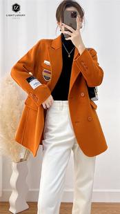 双面羊绒大衣女2023年短款小个子橘色西装双面呢正肩羊毛外套