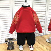 男童套装加绒2022潮款儿童秋冬季红色加厚宝宝运动年服中小童洋气