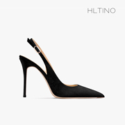 hltino2023年夏季黑色一字带，法式包头尖头，高跟细跟大码凉鞋女