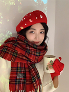 圣诞新年氛围感~韩版秋冬保暖加厚围巾女复古甜美羊毛贝雷帽手套