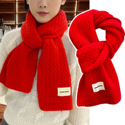 针织毛线围巾女生秋冬季新年大红色中国红纯色短围脖保暖可爱少女