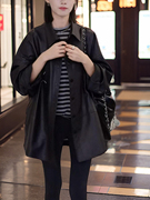黑色皮衣外套女2024年春皮季夹克(季夹克，)宽松洋气衬衣中长款风衣.