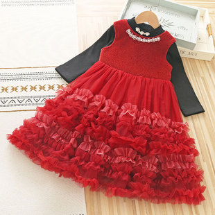 女童连衣裙冬装蛋糕裙公主，马甲礼服蓬蓬裙儿童，红色打底衫两件套群