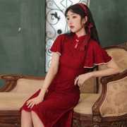 红色旗袍女敬酒服年轻款中国风女装新娘结婚礼服，改良新中式连衣裙