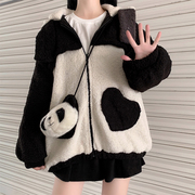 羊羔毛绒可爱少女冬装学院，风韩版宽松加绒加厚棉服