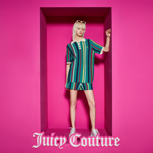 Juicy Couture橘滋盐系彩虹条短袖翻领中长款绣花女针织衫