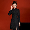 复古黑色旗袍秋装2023年女中国风提花，长袖日常改良连衣裙短款