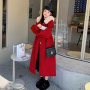 红色复古连帽斗篷呢子，大衣女冬季2022韩系温柔中长款毛呢外套