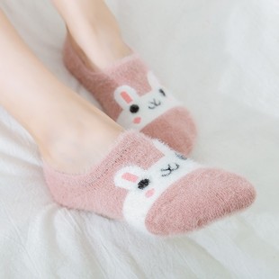卡通袜子女短袜浅口韩国可爱隐形船袜冬季加厚毛绒保暖地板袜