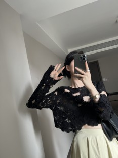 摩登197设计感钩花镂空针织衫，夏季宽松显瘦圆领，长袖上衣t6805