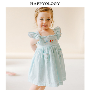 happyology英国女童夏装刺绣儿童，连衣裙纯棉英伦夏季小飞袖连身裙