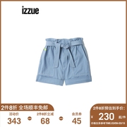 izzue女装牛仔短裤，夏季时尚个性高腰，系带花苞裤6330u