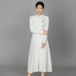 2023中国风复古设计感气质，优雅女绣花长袖立领显瘦蕾丝连衣裙