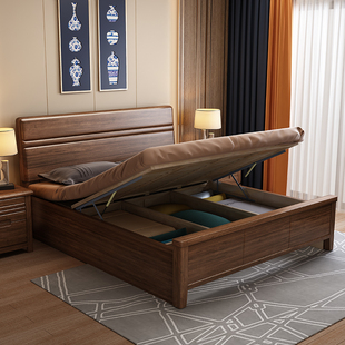 现代简约实木床1.2米单人床胡桃木家用新中式1.8带抽屉储物双人床