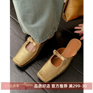 kmeizu优雅法式~3.5cm粗跟包头拖鞋女夏外穿半拖蝴蝶结穆勒鞋凉拖
