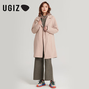 ugiz冬季韩版女装时尚，纯色中长款绵羊毛，呢大衣外套女udhd705