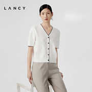 LANCY/朗姿2024夏季v领短袖白色针织衫撞色通勤高级感薄套头衫女