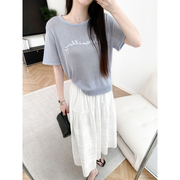 字母刺绣亚麻莱赛尔圆领短袖，针织衫夏季宽松套头，t恤韩版女装上衣