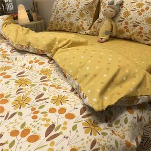高档ins田园风格碎花，黄色四件套全棉纯棉1.5m1.8米被套床单美式小