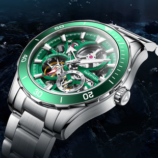 马克华菲手表男士绿色，水鬼双面镂空夜光，大气名牌男表全自动机械表