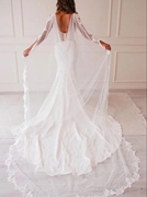 新娘婚礼白色珍珠网纱披风背后深V蕾丝花边舞台演出斗篷长款披肩*