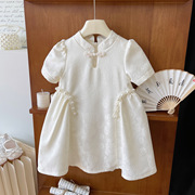 女童复古新中式短袖旗袍礼服裙2024夏季小女孩奶白色珍珠汉服