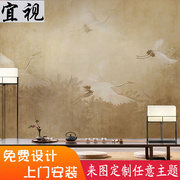 新中式墙布仙鹤电视背景墙壁纸无缝墙纸复古客厅卧室定制大型壁画