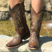 corral美国复古牛仔靴镂空牛皮，亮片中筒骑马靴，西部牛仔靴真皮女靴
