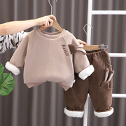 婴儿衣服男童冬季韩版加绒加厚保暖一周岁男宝宝，休闲长袖卫衣套装