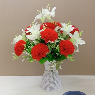 仿真康乃馨百合花束套装假花单支客厅装饰花，绢花餐桌摆件花卉